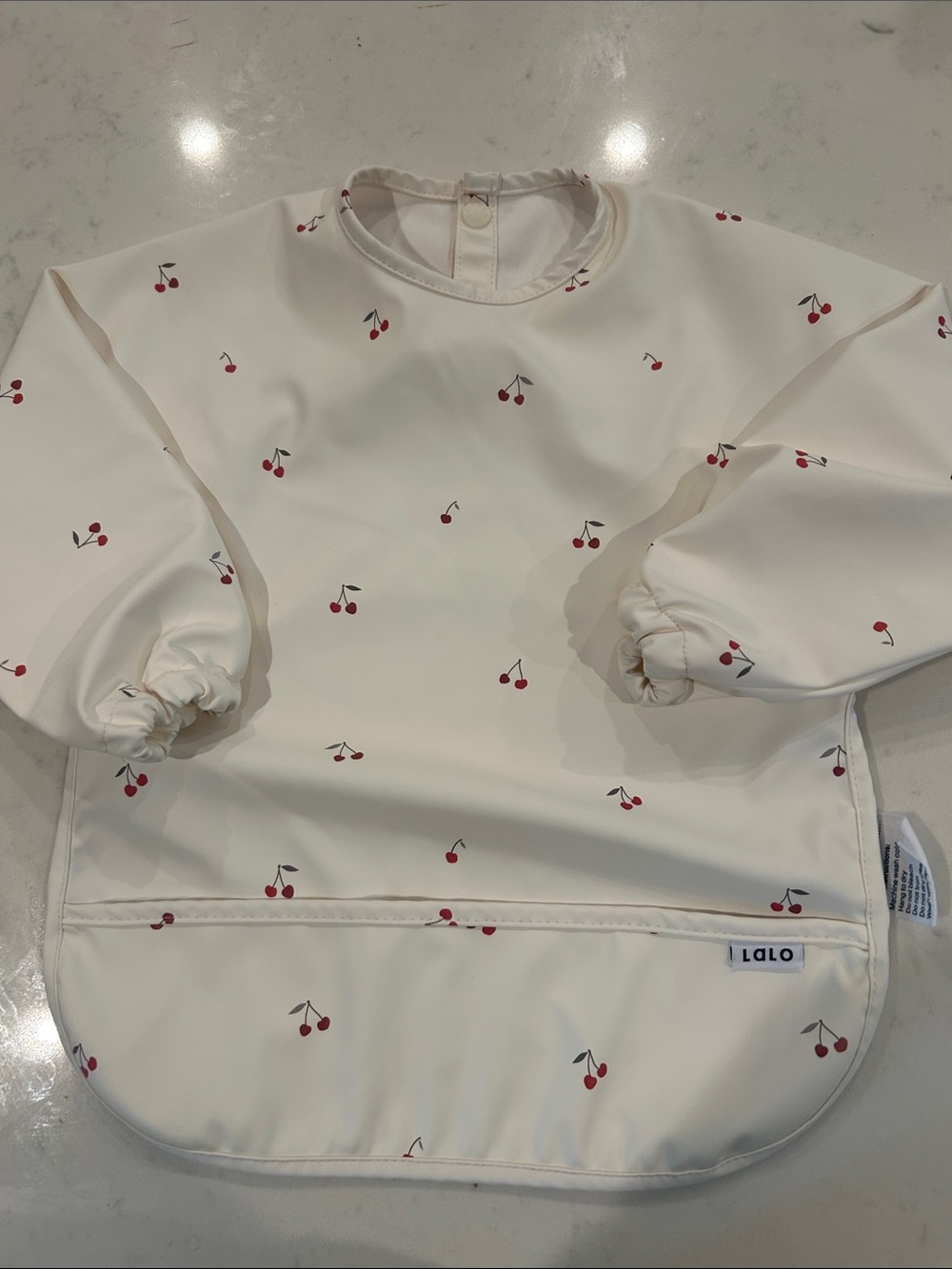 Lala Cream Cherry-Print Long-Sleeve Kids Bib with Pocket